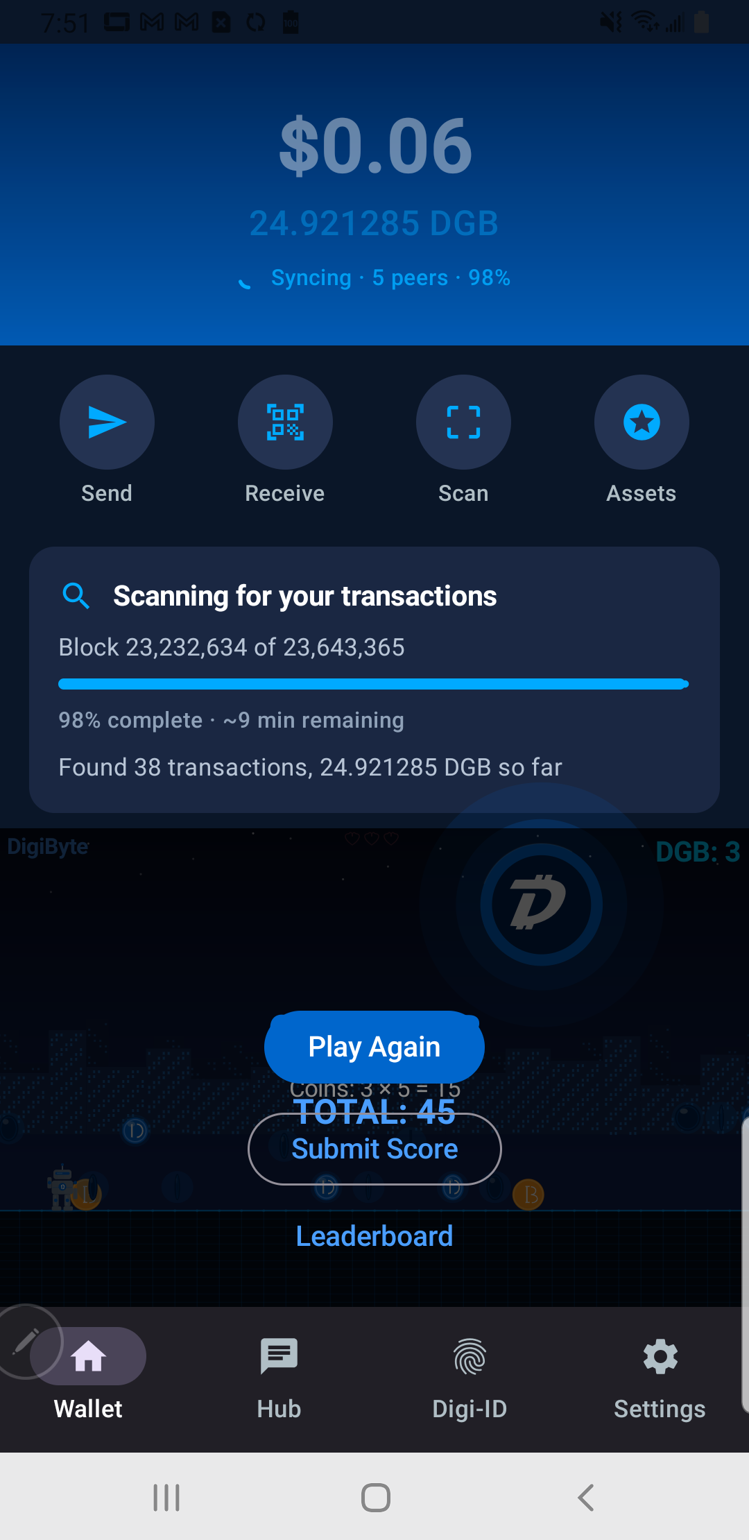 DigiByte Wallet v3.6.3 syncing on a Samsung Galaxy Note 8